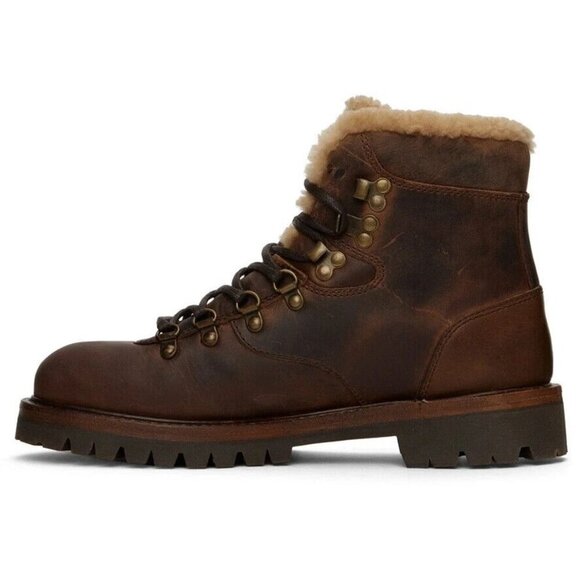 Belstaff Gorge Hiker Boots Size 45 US 12 Mens Brown Leather Shearling $450 - Picture 15 of 16